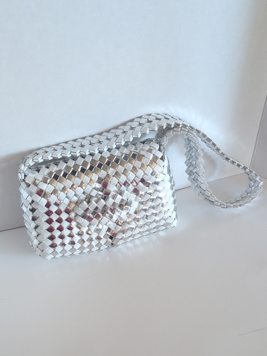 Handbags - Silver & White Candy Wrapper Woven Designer-Inspired Metallic Shoulder Bag